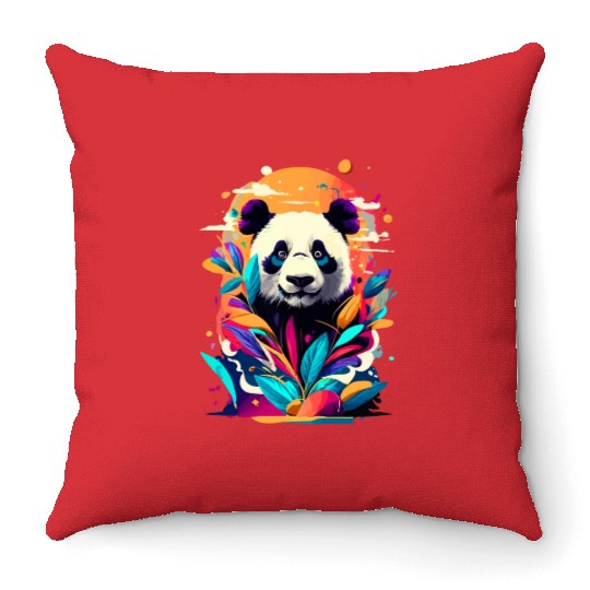 Giant Panda Colourful - Cute Panda Bear Bamboo Throw Pillows