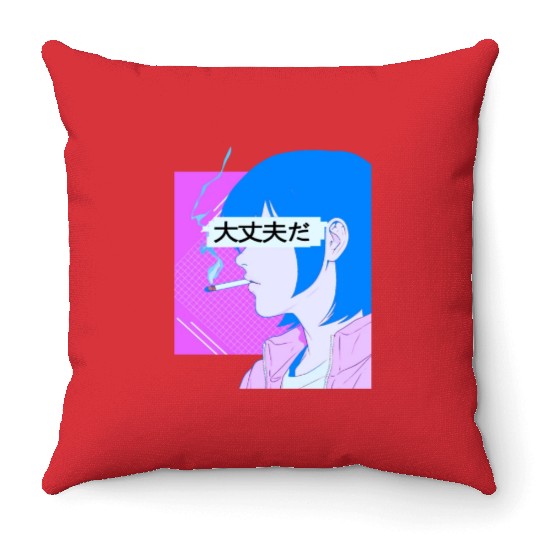90's Sad Anime Girl Smoking Retro Lofi Japanese Ae Throw Pillows