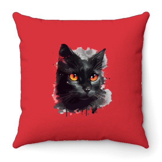 Black Cat Japanese Watercolor Mystery Gaze Throw Pillows