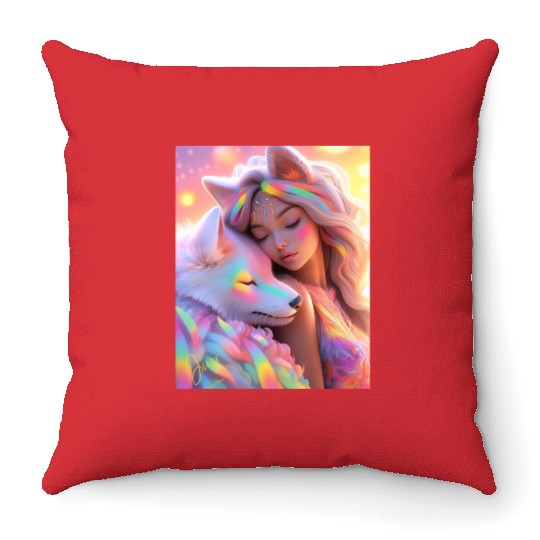 Rainbow Friends - White Wolf and Girl Throw Pillows