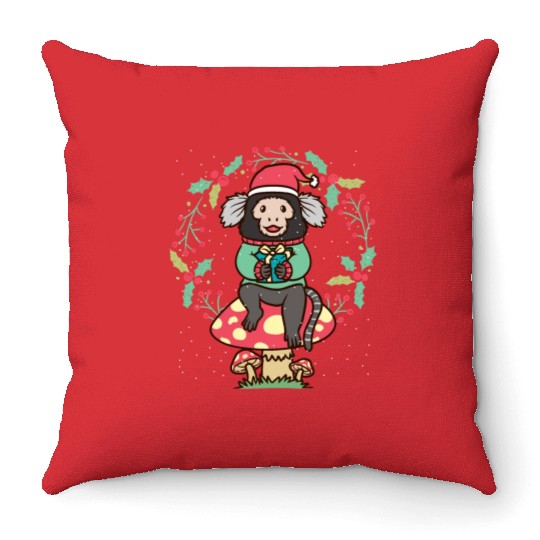 Marmoset Monkey On Mushroom Christmas Wreath Throw Pillows