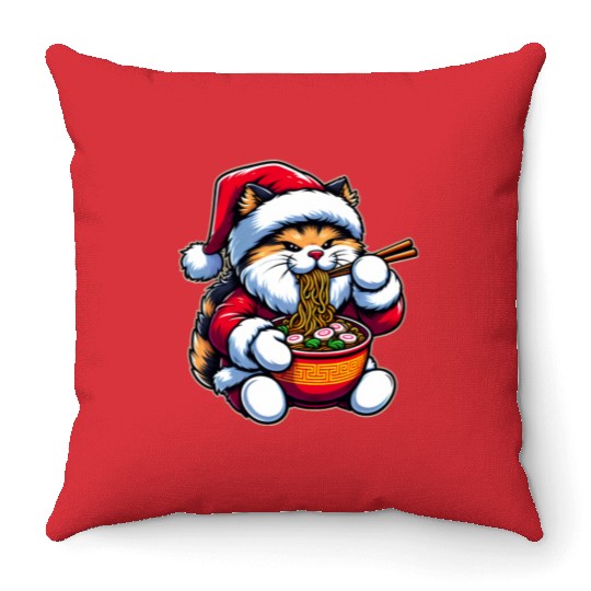Cute Cat as Santa Eating Ramen on Christmas Throw Pillows