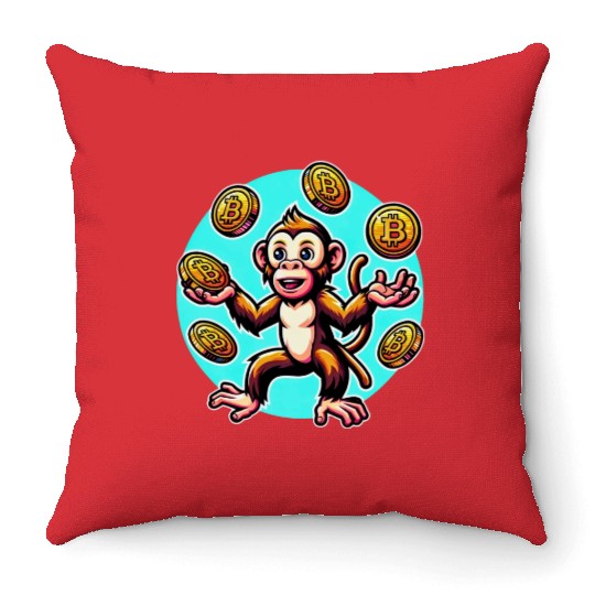 Bitcoin Juggling Monkey - Digital Art Throw Pillows