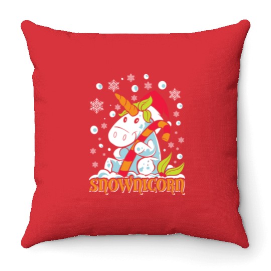 Wintertime Snownicorn Snowflakes Unicorn Throw Pillows