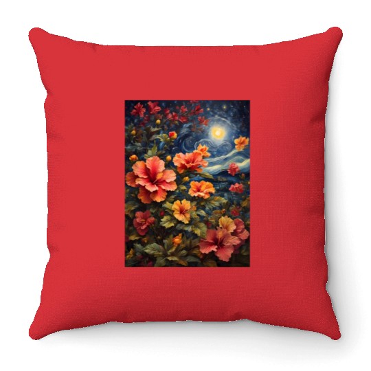 Colorful Hibiscus Under Starry Night Sky Throw Pillows