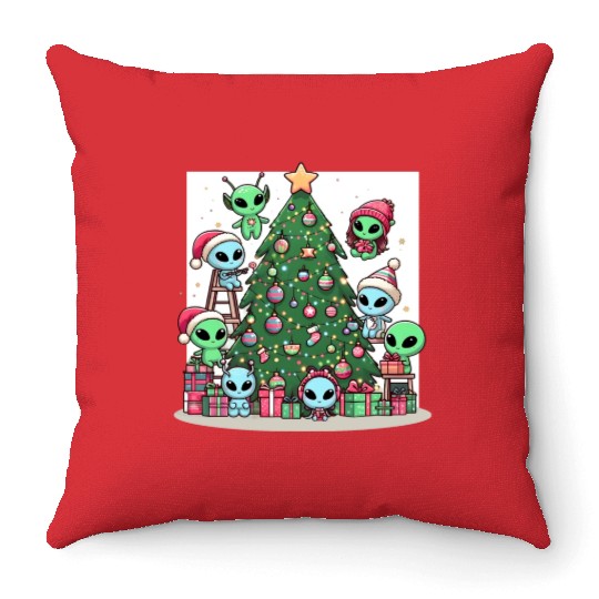 Aliens decorate Christmas tree Throw Pillows