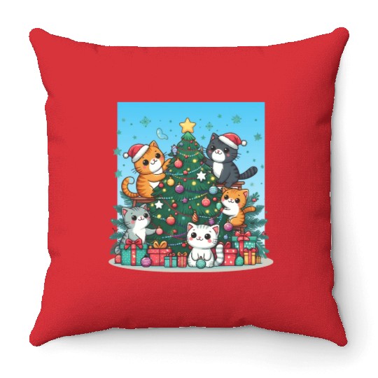 Kittens decorate a Christmas tree Throw Pillows