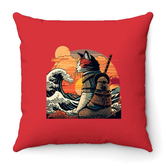 Samurai Cat vs The Great Wave Throw Pillows