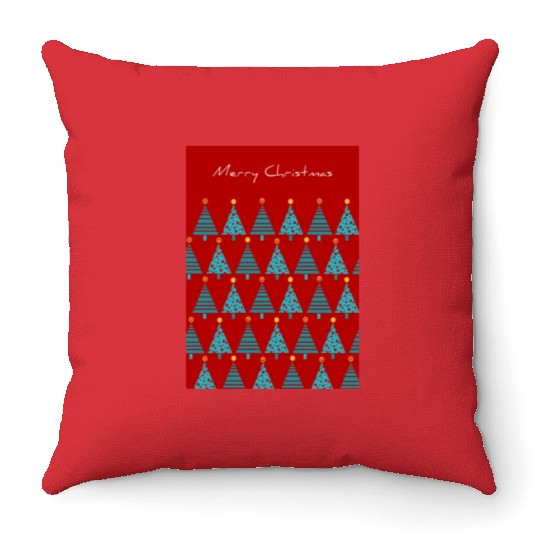 Merry Christmas Teal Christmas Trees on Red Throw Pillows