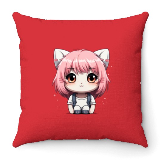 kawaii cat face with cat head Throw Pillows