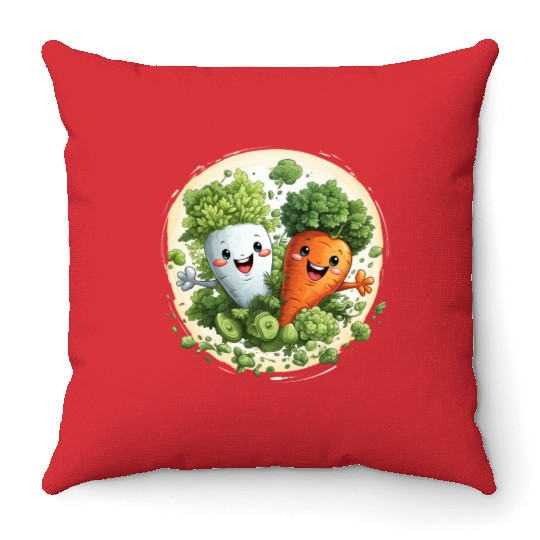 Cute kawaii carrot and a broccoli Throw Pillows