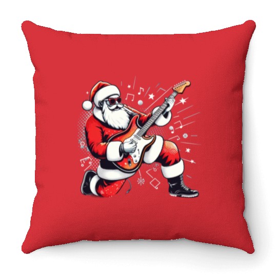 Santa Claus Guitarist Merry Christmas Throw Pillows