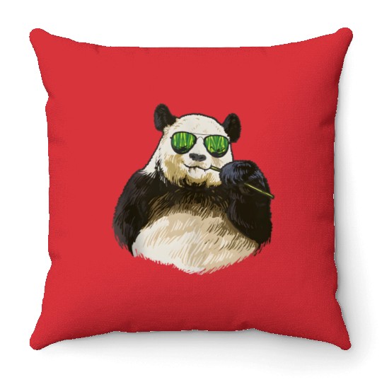 Chilling Panda Eating Bamboo Bear Throw Pillows