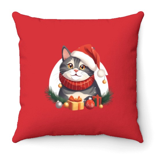 Festive Christmas Cat Adorable Holiday Kitty Art Throw Pillows