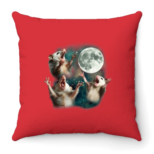 Three Possum Moon 3 Opossum Funny Weird Cursed Mem Throw Pillows