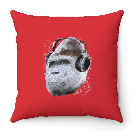 Gorilla with headphones low poly pop art Throw Pillows