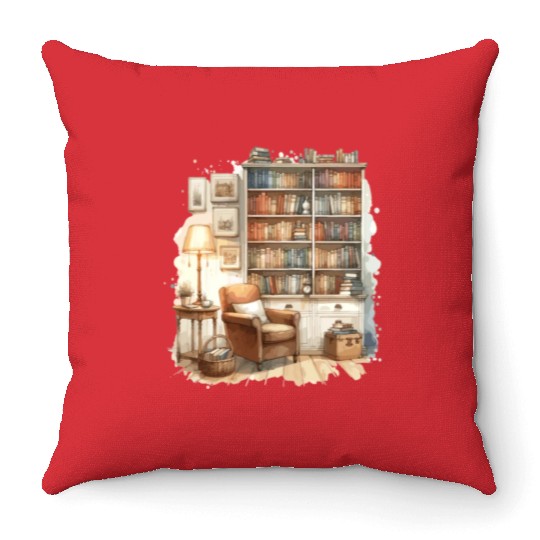 Cozy home library in watercolor Throw Pillows