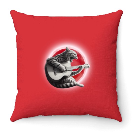 Rock Cat Playing Guitar Throw Pillows under the red moon