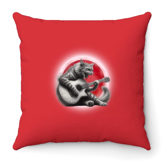 Rock Cat Playing Guitar Throw Pillows under the red moon
