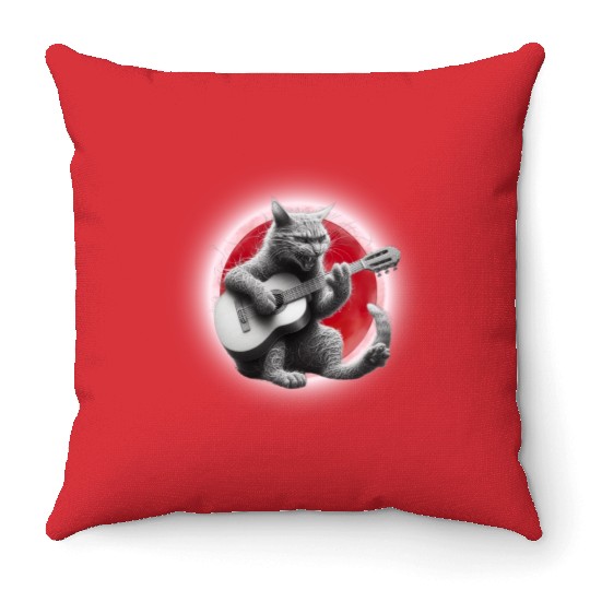Rock Cat Playing Guitar Throw Pillows under the red moon