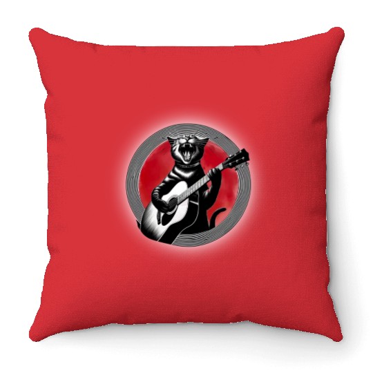 Rock Cat Playing Guitar Throw Pillows under the red moon