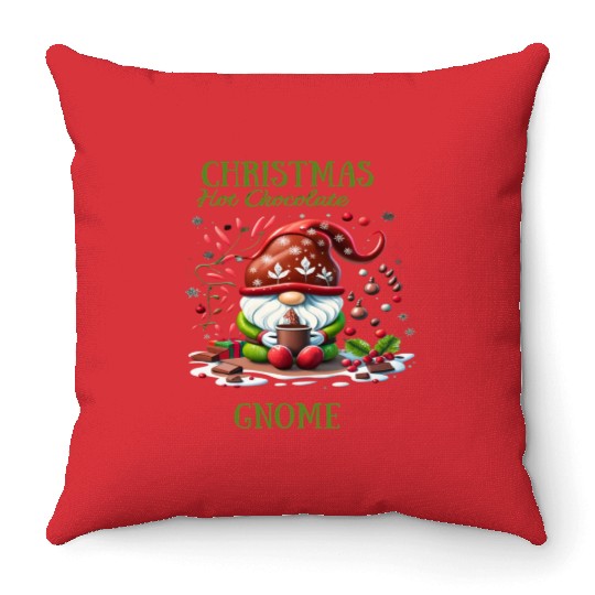 Funny Christmas Gnome Having a Huge Hot Chocolat Throw Pillows