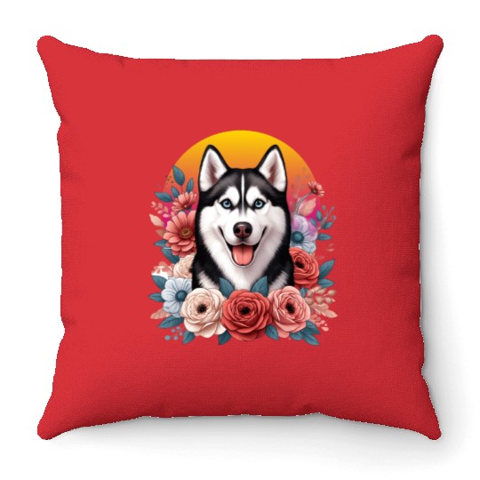 Husky dog with floral backdrop Throw Pillows