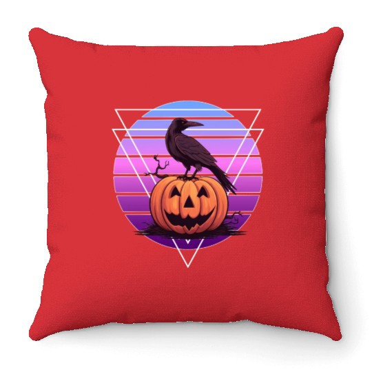 Raven Crow On Pumpkin Vaporwave Halloween Pagan Ae Throw Pillows