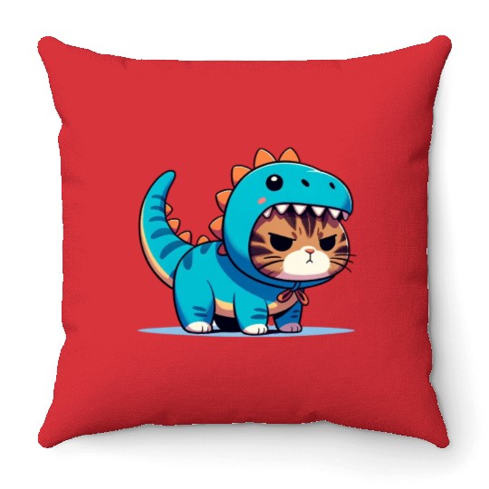 Grumpy Cat in Velociraptor Costume Throw Pillows