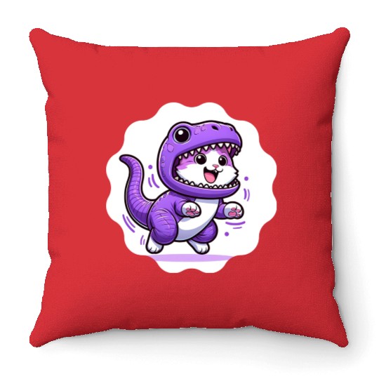 Energetic Cat in Velociraptor Costume - Playful Fe Throw Pillows