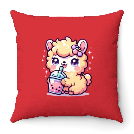 Kawaii Llama Sips Bubble Tea Cute Llama Boba Tea Throw Pillows