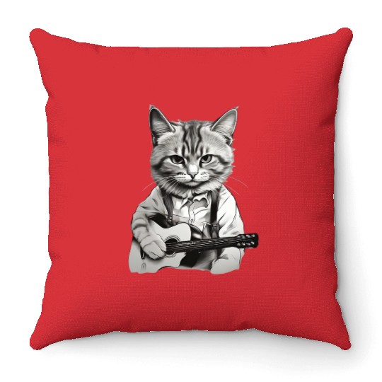 Cat playing guitar - Rock cat Throw Pillows