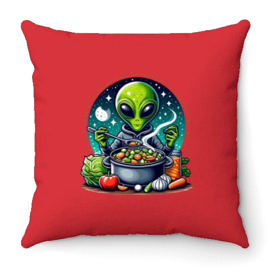Alien chef cooks vegetable soup Throw Pillows