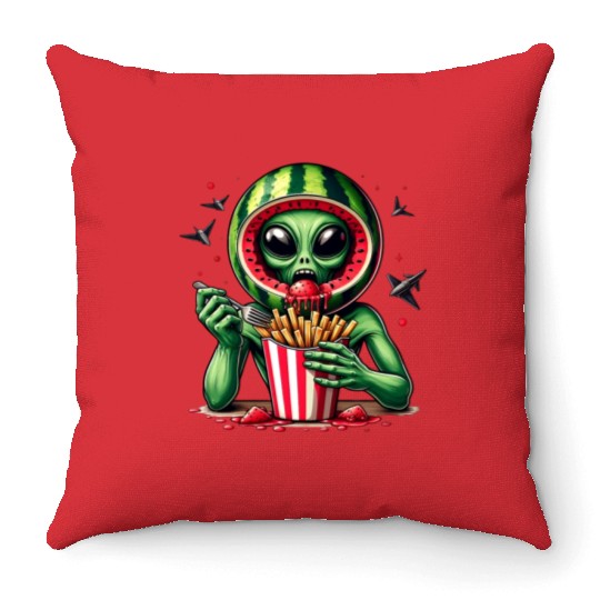 Alien with watermelon helmet eats fries Throw Pillows