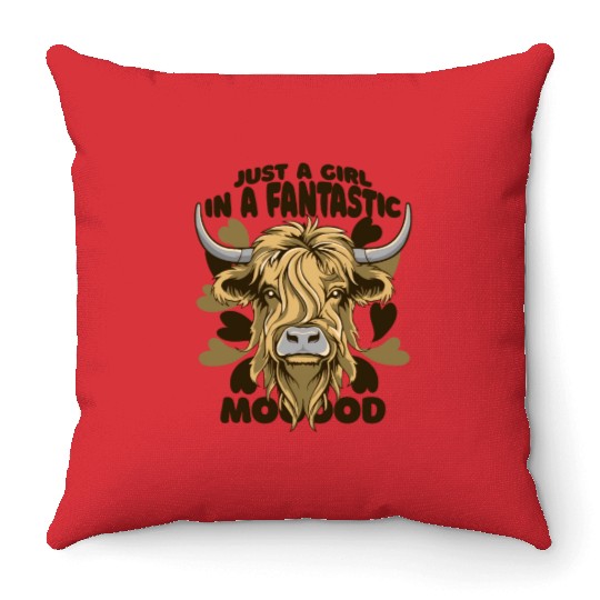 A Girl In A Fantastic Mood Highland Cow Highland Throw Pillows