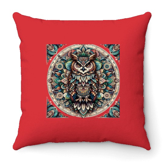 Mystic Mandala of the Sage Owl Throw Pillows