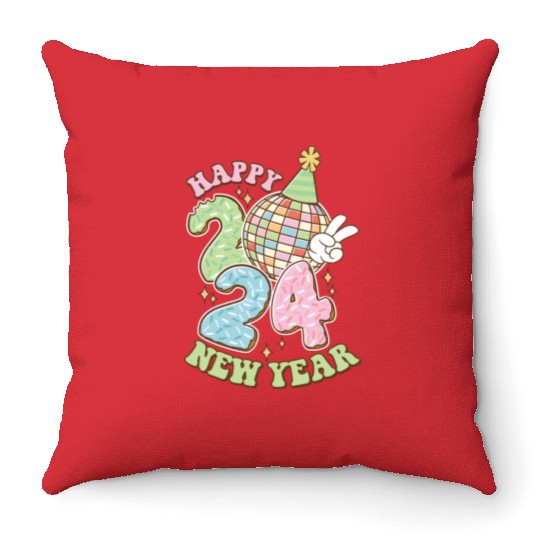 Happy New Year 2024 disco ball party Throw Pillows
