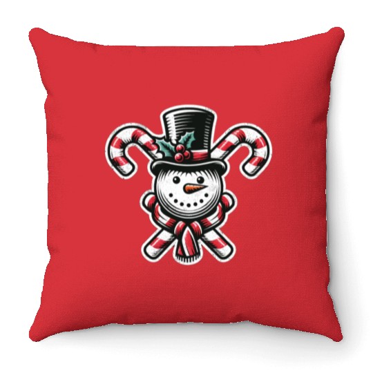 Candy Cane Cheer - snowman with Top Hat design Throw Pillows