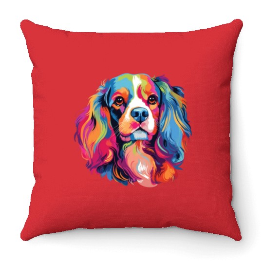 Watercolor Colorful Cavalier King Charles Spaniel Throw Pillows