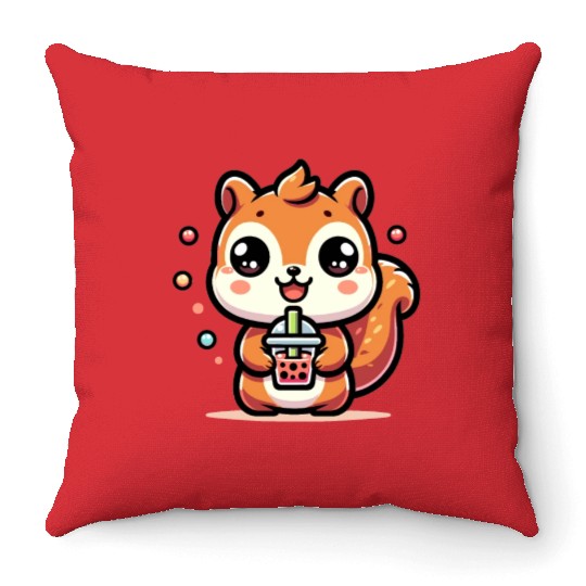 Kawaii Squirrel Bubble Tea Cute Animal Squirrel Throw Pillows