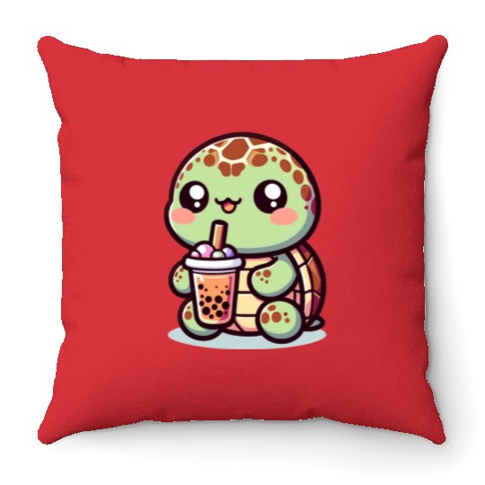 Kawaii Turtle Bubble Tea Lover Cute Sea Turtle Throw Pillows