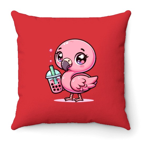 Cute Kawaii Flamingo Bubble Tea Lover Flamingo Throw Pillows