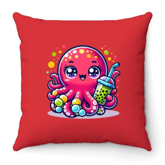 Kawaii Octopus With Bubble Tea Sea Ocean Boba Tea Throw Pillows
