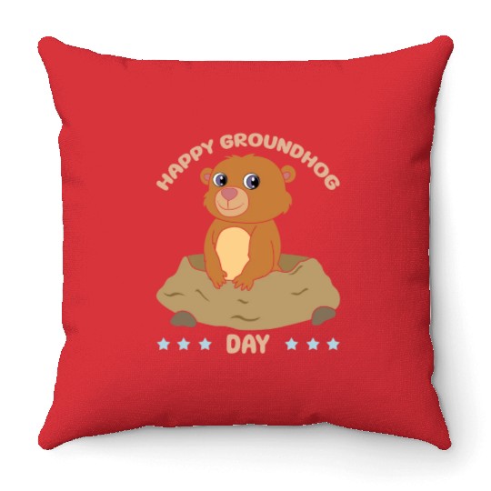 Happy Groundhog Day Cute Kawaii Groundhog Throw Pillows