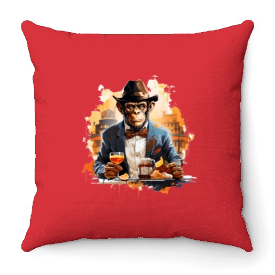 Cool Business Monkey with Drink Chimpanzee Throw Pillows