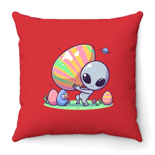 Alien with huge easter egg Throw Pillows