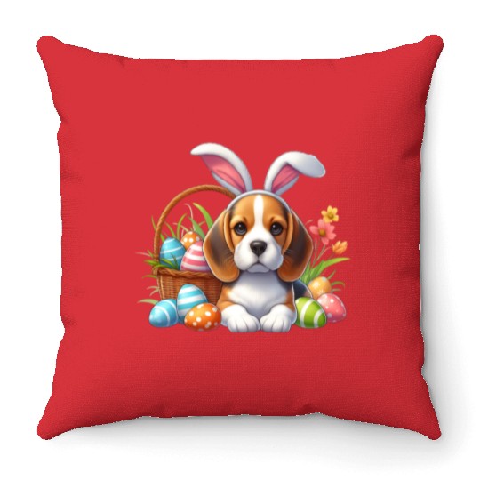 Beagle with bunny ears and easter eggs Throw Pillows