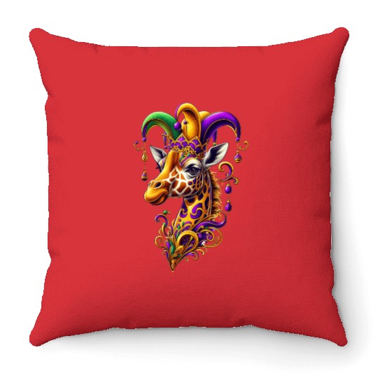 Mardi Gras giraffe with fool's hat Throw Pillows