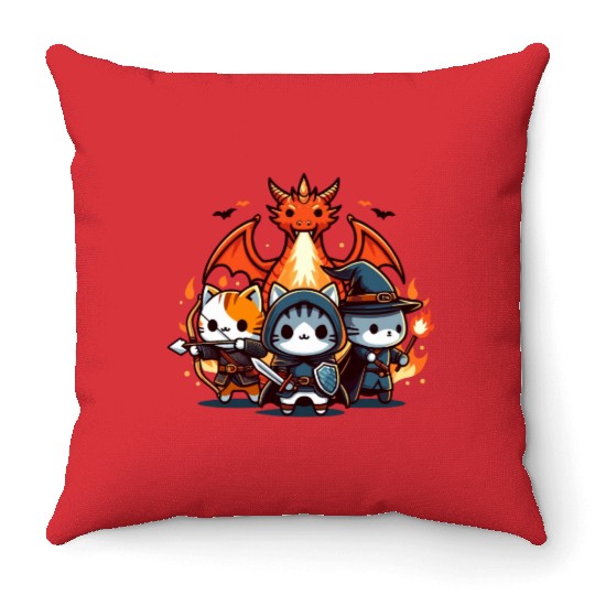 Cute Kawaii Cat RPG Fantasy Board Game Dragon Throw Pillows
