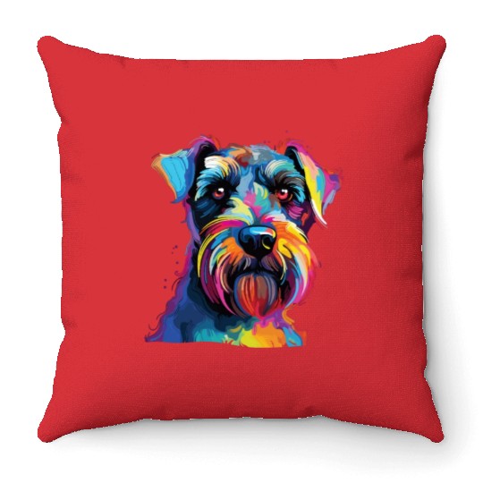 Watercolor Colorful Miniature Schnauzer Throw Pillows